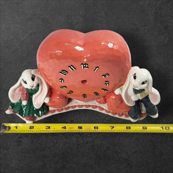 Vintage Bunny Clock Shell Heart Ceramic Cottagecore Farmhouse Decor Signed Anna - Picture 9 of 10